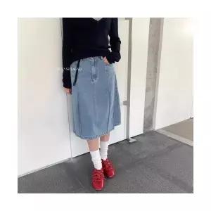 여성용 청치마 봄여름 데님 스커트 플리츠 중기장 캐주얼 KS2