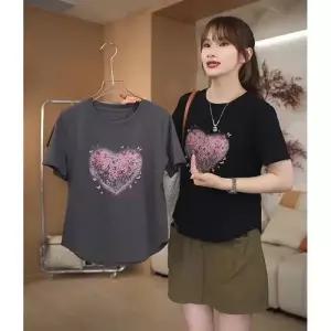 여사친 회색 여름 프린트티 반팔 티셔츠 슬림핏 프린트 라운드넥 상의 CH2