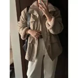 여친 빈티지 캐주얼 모피 코트 카고풍 램스울 안감 스트링 BE1