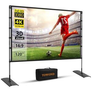 TOWOND 프로젝터 스크린 스탠드 120인치 실외 실내 휴대용 영화 16 9 4K 투사 가방 주름 디자인 홈 뒷마당 극장용