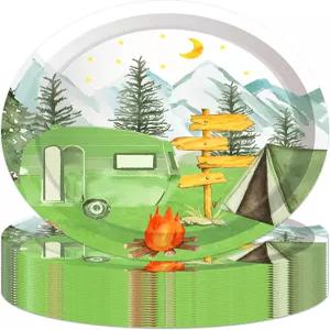 Jajajuegos 9인치 캠핑 종이 접시 축하 파티 식기 원형 일회용 디너 세트 테마 축제 용품 24개