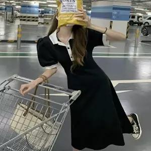 깔끔한 카라배색 셔링 퍼프소매 포인트 반팔 롱원피스 (HSJ-WF6C62E)