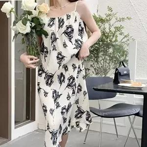 여름 플라워 플리츠 여성 바캉스 끈나시 롱 원피스 (HSJ-WE704BE)