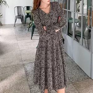 잔플라워 패턴 쉬폰소재 허리밴딩 긴팔 롱원피스 (HSJ-WE1698C)