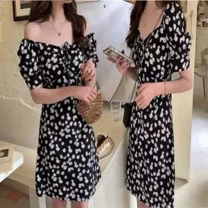 오프숄더 퍼프 소매 플라워 꽃무늬 셔링 미니 원피스 (HSJ-WC2931C)