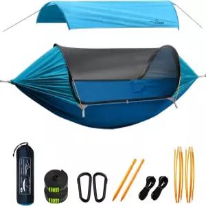 모기장과 탈착식 선쉐이드가 있는 트래블 버드 캠핑 해먹 텐트 4 in 1 기능 가벼운 걸이 나무 스트랩 스윙