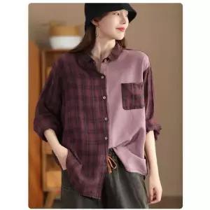 마이진 여성 가을 루즈핏 롱 셔츠 블라우스 앤티크룩 복고풍 컬러짜임 린넨 칼라 배색 긴팔 가디건 ADOR3