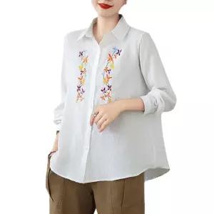 마이진 여성 가을 루즈핏 롱 셔츠 블라우스 이중사 꽃 자수 꼬임 칼라 가디건탑 ADOR3