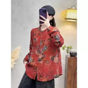 마이진 여성 가을 루즈핏 롱 셔츠 블라우스 앤티크 면마 프린트 차이나넥 긴팔 빈티지 플라워 가디건 ADOR