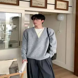 남성용 니트 가을 투피스 페이크 브이넥 V넥 차콜 코트 스웨터 admr3