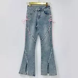 부츠컷청바지 핑크 리본 스트링 트임 부츠컷 청바지 연청 데님 바지