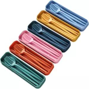 Tneene 6팩 밀짚 식기 휴대용 여행 도구 스푼 포크 나이프 사무실 점심 캠핑용 케이스 포함 재사용 가능한
