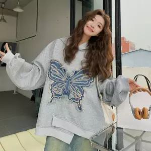 여사친 회색 티 후드 봄가을 풀오버 루즈핏 나비자수 원템3