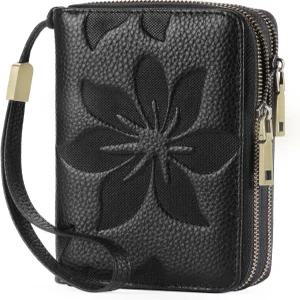 GOIACII 여성 지갑 더블 지퍼 신용카드 소지자 RFID 차단 손목 중간 사이즈 가죽 블랙