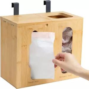 대나무 쓰레기 봉투 디스펜서 및 식료품 정리함 캐비닛 도어 싱크대 아래 또는 벽걸이용 보관함 1개 중 2개