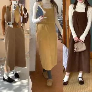 가을 겨울 스타일 여성 코듀로이 멜빵 원피스