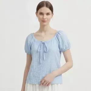 [샵앤] 여성 끈조절 셔링 U넥 퍼프 나그랑 반팔 블라우스 NARU-WBL-21182