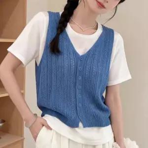[샵앤] 여성 Y오픈 단추 펀칭 레이어드 여름 니트 조끼 21DS-WVS-5215