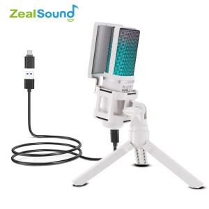 Zealsound USB 콘덴서 녹음 마이크, 화이트 RGB 스트리밍 PC 및 Mac용, 안드로이드 폰 어댑터, 헤드폰 출력
