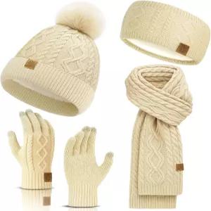 겨울 비니 모자 스카프 장갑 헤드밴드 세트 - 니트 따뜻한 터치스크린 및 이어 워머 여성 남성용 선물
