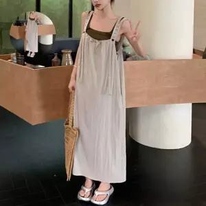 스트랩 포인트 멜빵 롱원피스 루즈핏 여름 바캉스코디