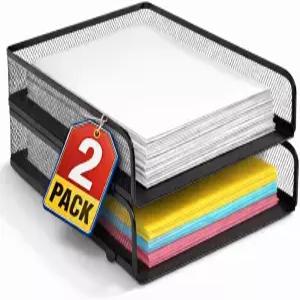 1InThe Office 책상 트레이 스택 가능한 편지 매트 블랙 와이어 메시 전면 적재 종이 정리함 2팩