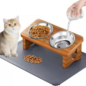 실리콘 매트가 있는 고양된 고양이 그릇 15 기울어진 단단한 나무 스탠드 작은 개를 위한 스테인리스 스틸