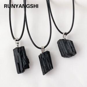 1PC 천연 크리스탈 블랙 토르말린 원시 돌 연마되지 않은 보석 펜던트 목걸이 석영 남자 선물 용품
