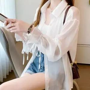 여름바람막이 직장인 시스루 화이트 루즈 소매 리본 셔츠 블라우스