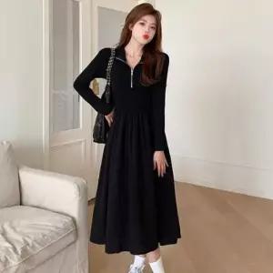 여성원피스 가을 캐주얼 올블랙 카라 반집업 A라인 롱 원피스