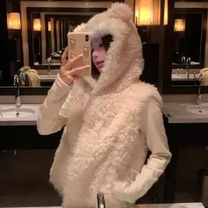 귀여운 곰돌이귀 퍼 후드 베스트 조끼 레이어드 털조끼 캐주얼