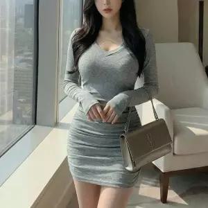 [옷자락]여자 데일리 데이트룩 셔링 스판 브이넥 긴팔 미니원피스