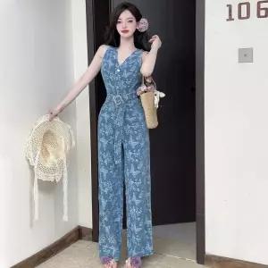 손오천 바지 데님 여성용 여름 데일리룩 점프슈트 프렌치 브이넥 민소매 프린트 하이웨스트 슬림핏 와이드