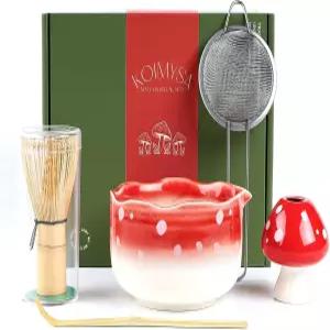 버섯 디자인 그릇과 거품기 홀더가 포함된 KOIMYSA 귀여운 말차 세트 여성 친구들을 위한 독특한 일본 키트