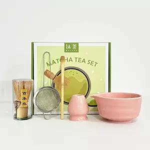 니우로 말차 거품기 세트 세라믹 5개 홀더가 포함된 핑크 키트 스파우트가 그릇 대나무 스쿱 스테인리스