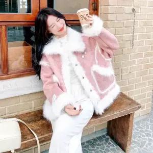 헐크 자켓 가죽 라이크 퍼 일체형 코트 여자 여성 분홍 KKE1