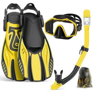 성인용 더 스노클링 장비, 마스크 핀 스노클 세트, 파노라믹 뷰 다이빙 김서림 방지, 드라이 스노클, 조절 가능한 수영용 오리발 및 여행 가방, 장비