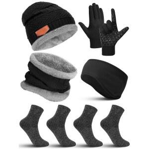 게이가 7개 겨울 비니 모자 스카프 장갑 이어 워머 양말 세트 남녀 플리스 안감 터치스크린 클래식 색상