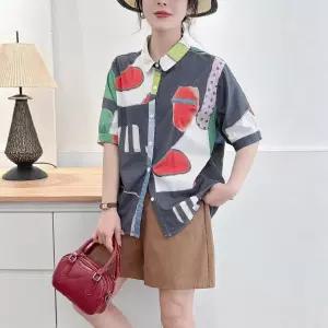 EAMT 면 여름 여자 카디건 셔츠 싱글 칼라 캐릭터 가디건 반팔 프린트 EUNG2