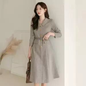 시크라인 샌디아 로우카라 골드버튼 헤링본 원피스