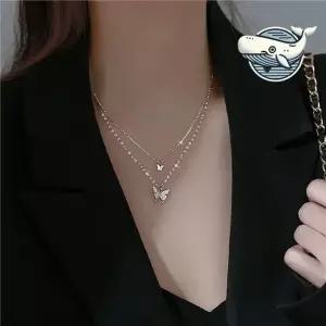 우아한 나비 두줄 체인 목걸이 큐빅 장식으로 여자목걸이 여성목걸이 레이어드목걸이
