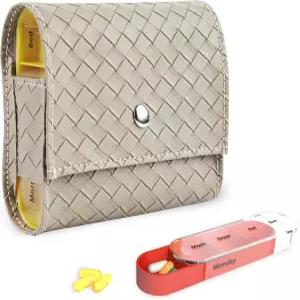 알약 정리함 리즈만두 주간 여행용 상자 약 알림 매일 오전 오후 주 7일 하루 4회 가죽 PU 휴대용 케이스