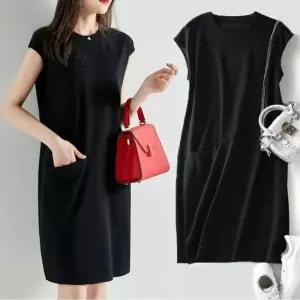ONM 여자 캡소매 반팔원피스 여름 주머니 쿨 롱원피스