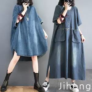 지홍 빅사이즈 빈티지 데님 롱원피스 반팔 워싱 77 88 99 오버핏