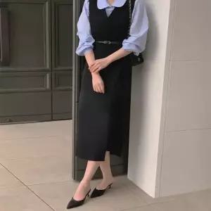 엘르 벨트 브이넥 롱 원피스 봄 가을 데일리룩 데이트룩