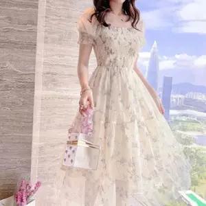 ONM 키밍 여름 쉬폰 꽃무늬 원피스 반팔 롱 여성 치