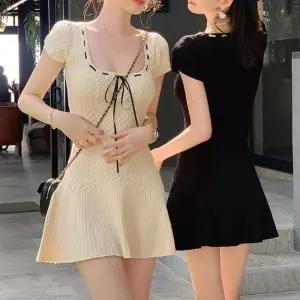 ONM 여성 꽈배기 U넥 리본 니트 슬림 미니 원피스