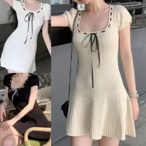 ONM A라인 니트 미니 원피스 유넥 퍼프소매 리본 끈