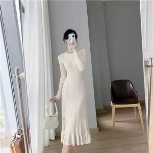 ONM 여성 심플 니트 골지 레이스 롱원피스