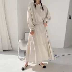 [하프클럽/]후드 크롭 캉캉 롱 스커트 세트 투피스 셋업